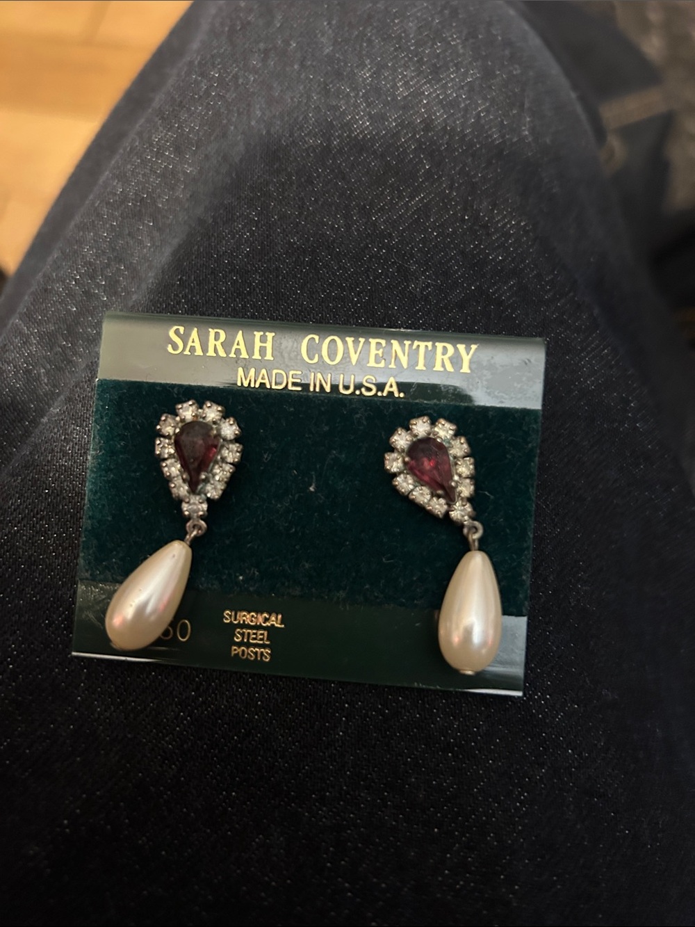 Sarah Coventry Gold-Tone Teardrop Pearl Earrings with Deep Red Stones